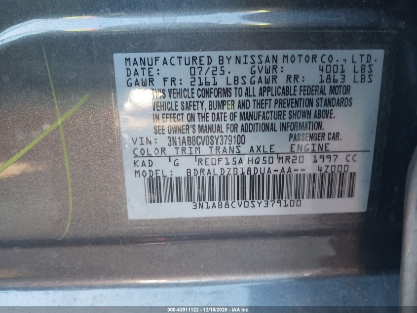 2025 Nissan Sentra Sv VIN: 3N1AB8CV0SY379100 Lot: 43911122