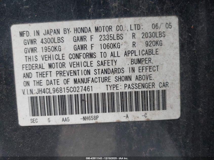 2005 Acura Tsx VIN: JH4CL96815C027461 Lot: 43911143