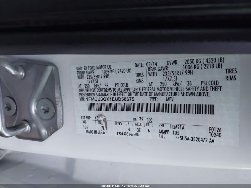 2014 Ford Escape Se VIN: 1FMCU0GX1EUD58675 Lot: 43911148