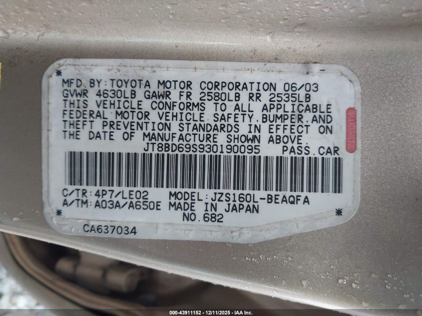 2003 Lexus Gs 300 VIN: JT8BD69S930190095 Lot: 43911152