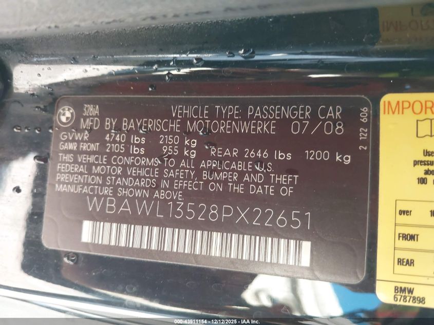 2008 BMW 328I VIN: WBAWL13528PX22651 Lot: 43911154