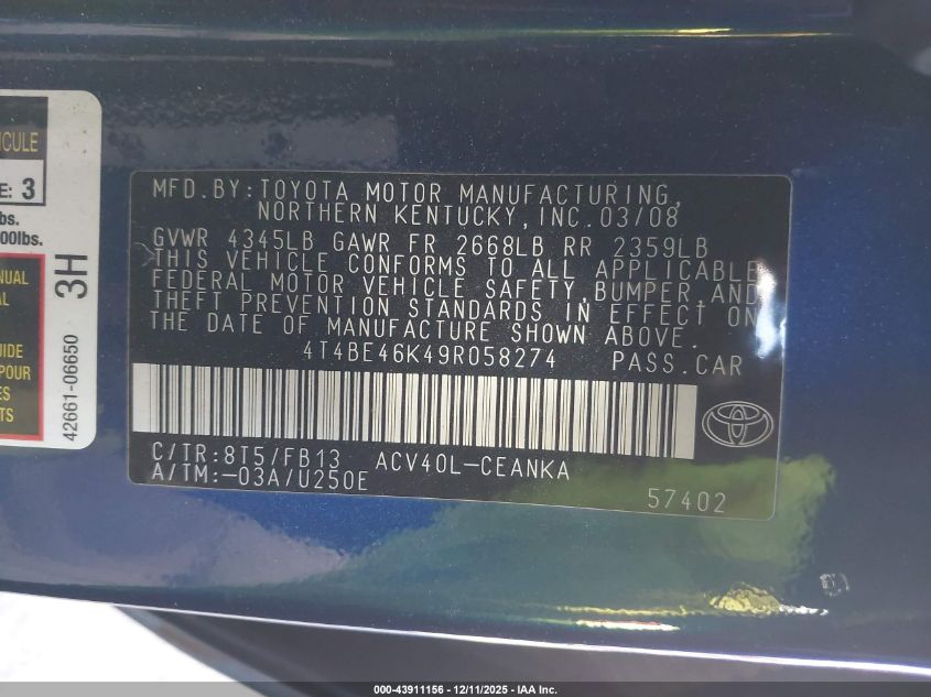 2009 Toyota Camry Le VIN: 4T4BE46K49R058274 Lot: 43911156