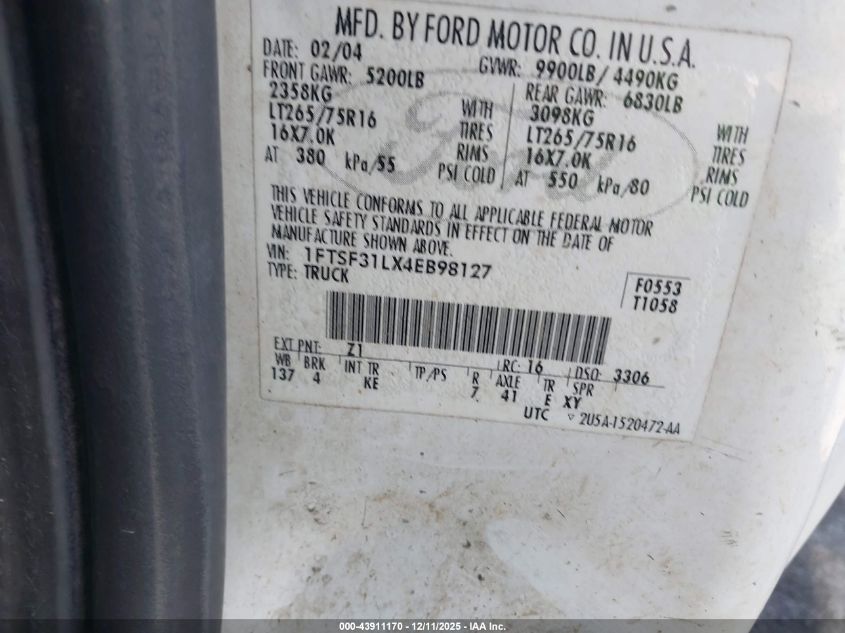 2004 Ford F-350 Xl/Xlt VIN: 1FTSF31LX4EB98127 Lot: 43911170