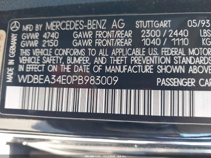 1993 Mercedes-Benz 400 E VIN: WDBEA34E0PB983009 Lot: 43911171