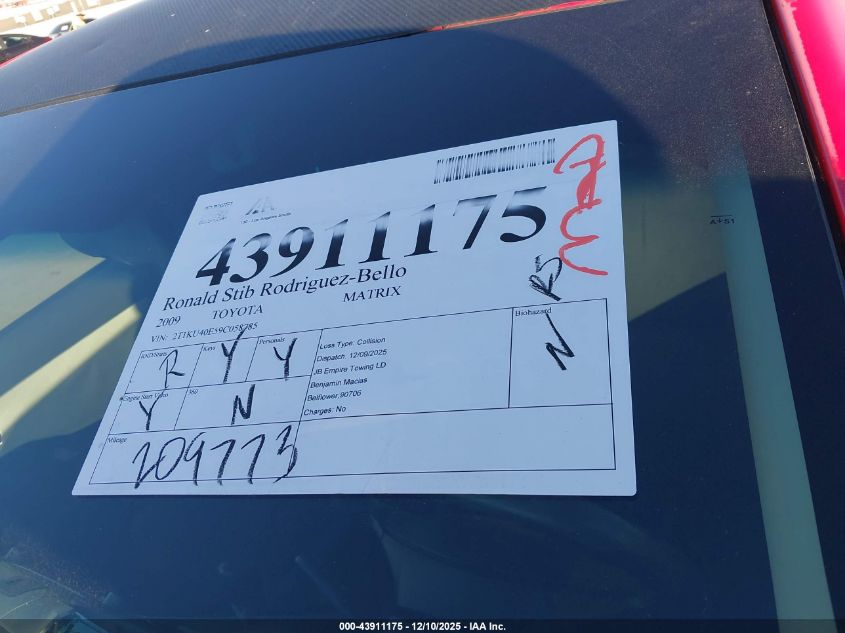 2009 Toyota Matrix VIN: 2T1KU40E59C058785 Lot: 43911175