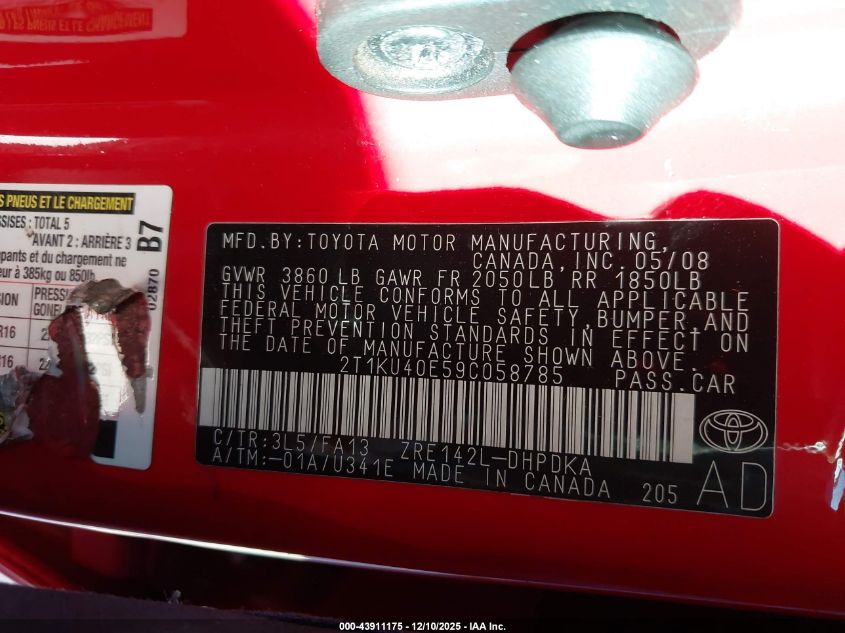 2009 Toyota Matrix VIN: 2T1KU40E59C058785 Lot: 43911175