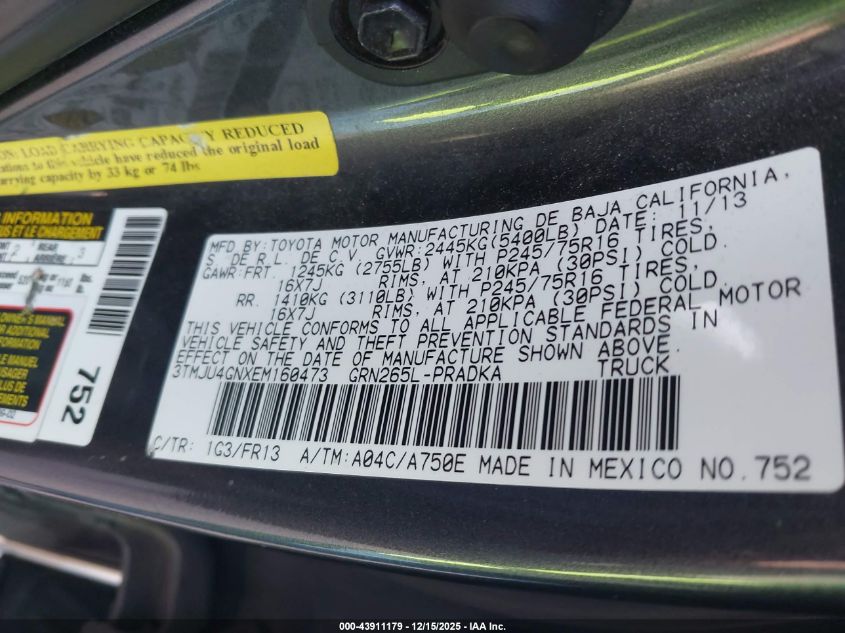 2014 Toyota Tacoma Prerunner V6 VIN: 3TMJU4GNXEM160473 Lot: 43911179