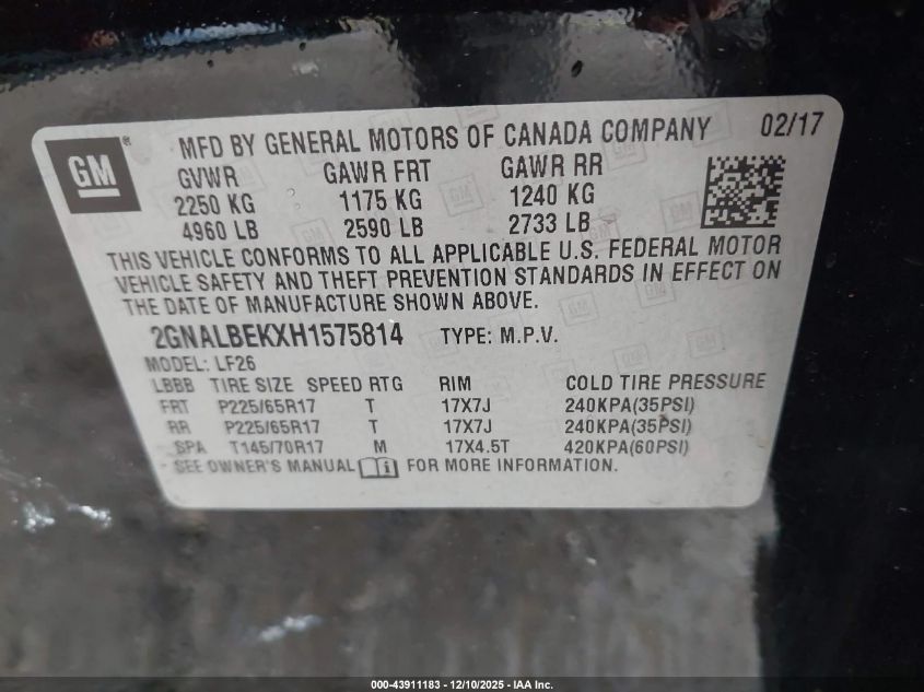 2017 Chevrolet Equinox Ls VIN: 2GNALBEKXH1575814 Lot: 43911183