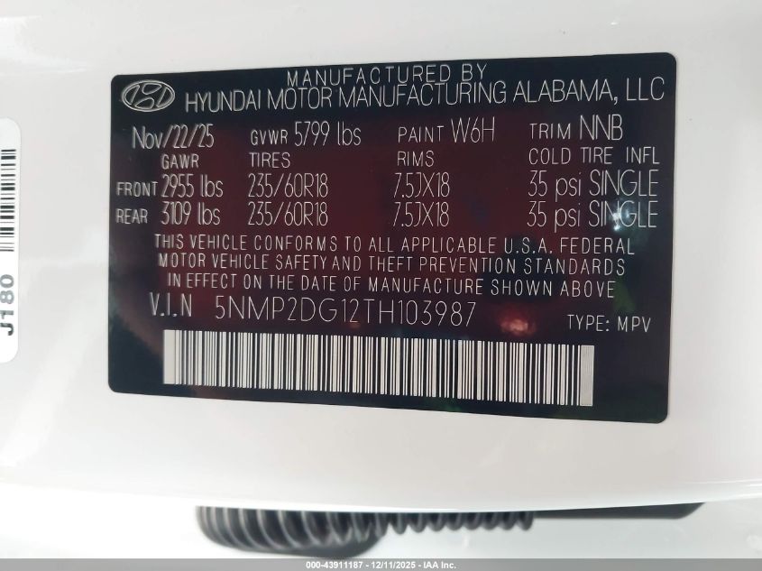 2026 Hyundai Santa Fe Hybrid Sel VIN: 5NMP2DG12TH103987 Lot: 43911187