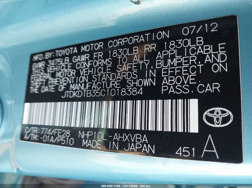 2012 Toyota Prius C One VIN: JTDKDTB35C1018384 Lot: 43911194