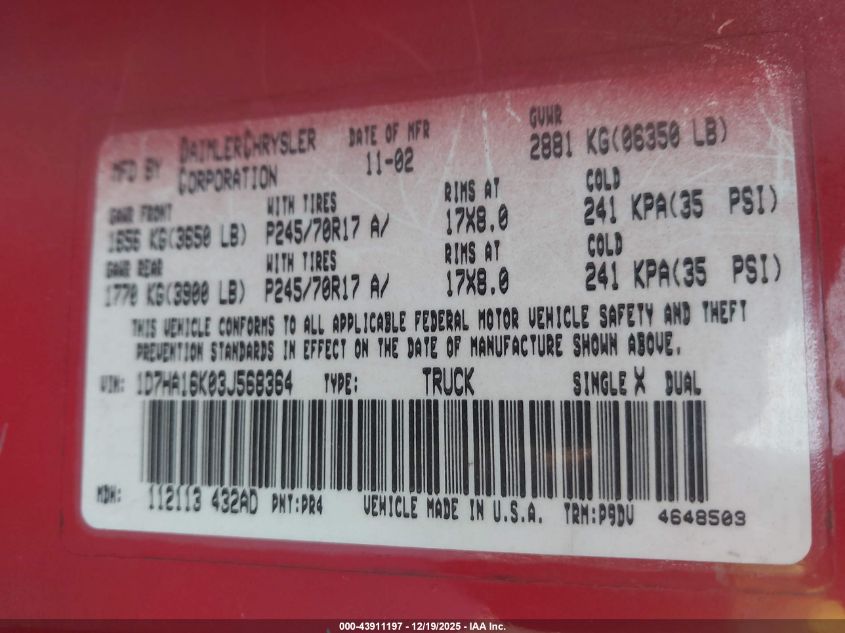 2003 Dodge Ram 1500 St VIN: 1D7HA16K03J568364 Lot: 43911197