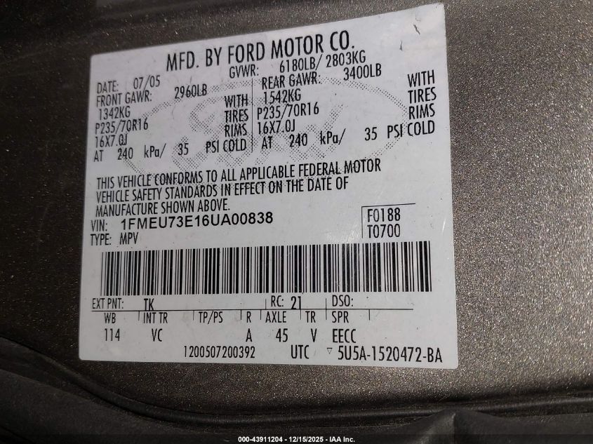 2006 Ford Explorer Xlt VIN: 1FMEU73E16UA00838 Lot: 43911204