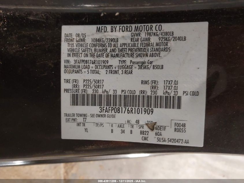 2006 Ford Fusion Sel VIN: 3FAFP08176R101909 Lot: 43911206