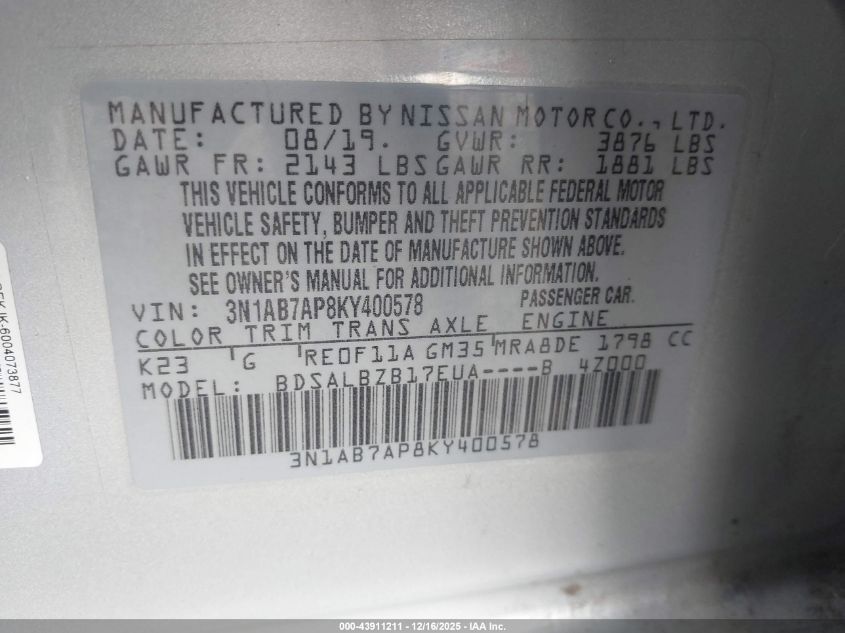 2019 Nissan Sentra S VIN: 3N1AB7AP8KY400578 Lot: 43911211