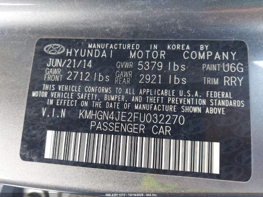 2015 Hyundai Genesis 3.8 VIN: KMHGN4JE2FU032270 Lot: 43911213