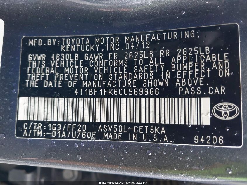 2012 Toyota Camry Se VIN: 4T1BF1FK6CU569966 Lot: 43911214