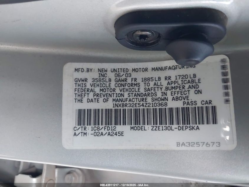 2004 Toyota Corolla S VIN: 1NXBR32E54Z210368 Lot: 43911217