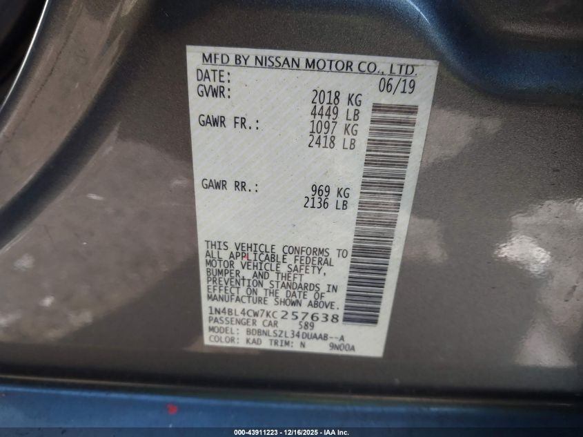 2019 Nissan Altima 2.5 Sr VIN: 1N4BL4CW7KC257638 Lot: 43911223