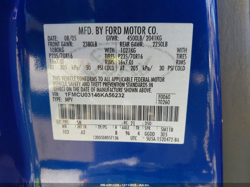 2006 Ford Escape Xlt/Xlt Sport VIN: 1FMCU03146KA56232 Lot: 43911228