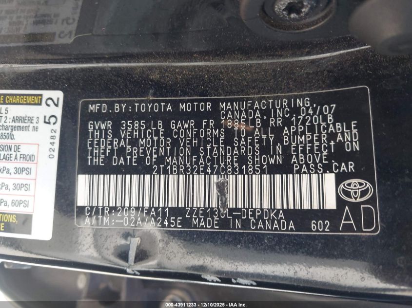 2007 Toyota Corolla Ce VIN: 2T1BR32E47C831851 Lot: 43911233