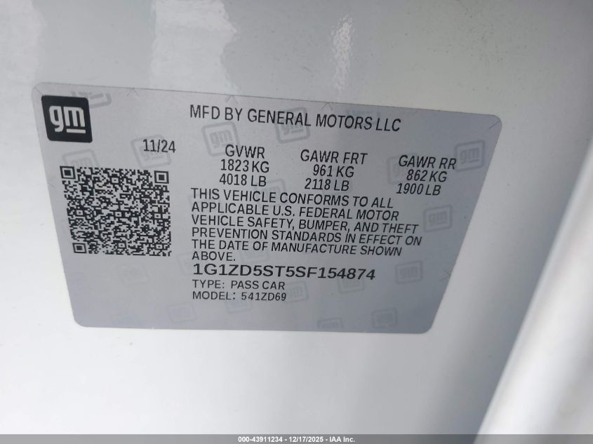 2025 Chevrolet Malibu Fwd 1Lt VIN: 1G1ZD5ST5SF154874 Lot: 43911234