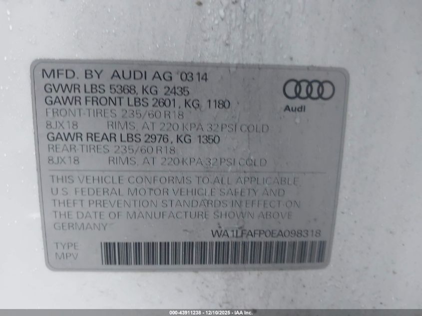 2014 Audi Q5 2.0T Premium VIN: WA1LFAFP0EA098318 Lot: 43911238