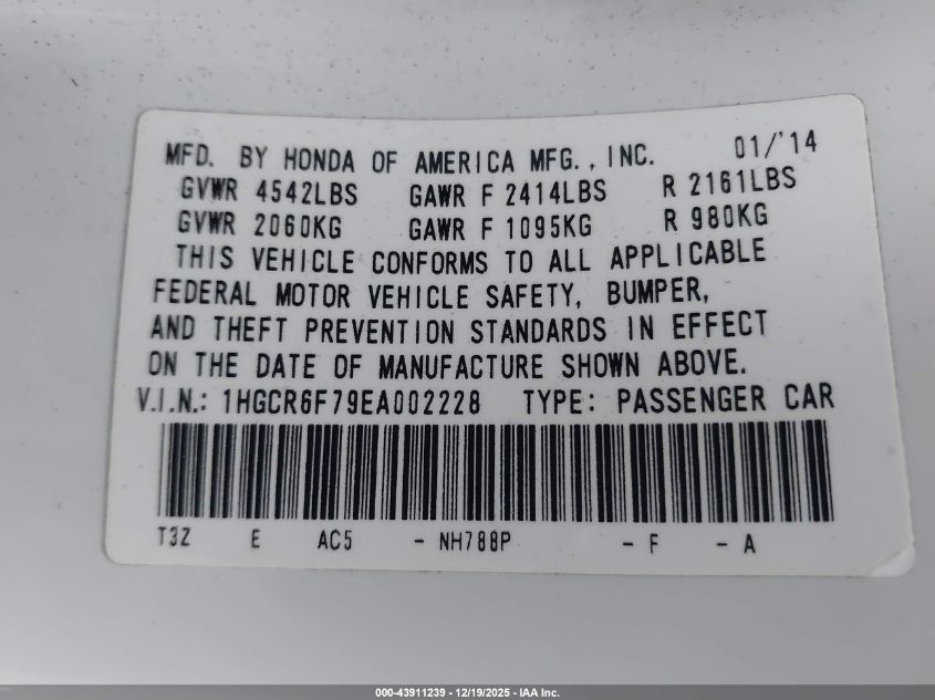 2014 Honda Accord Hybrid Touring VIN: 1HGCR6F79EA002228 Lot: 43911239