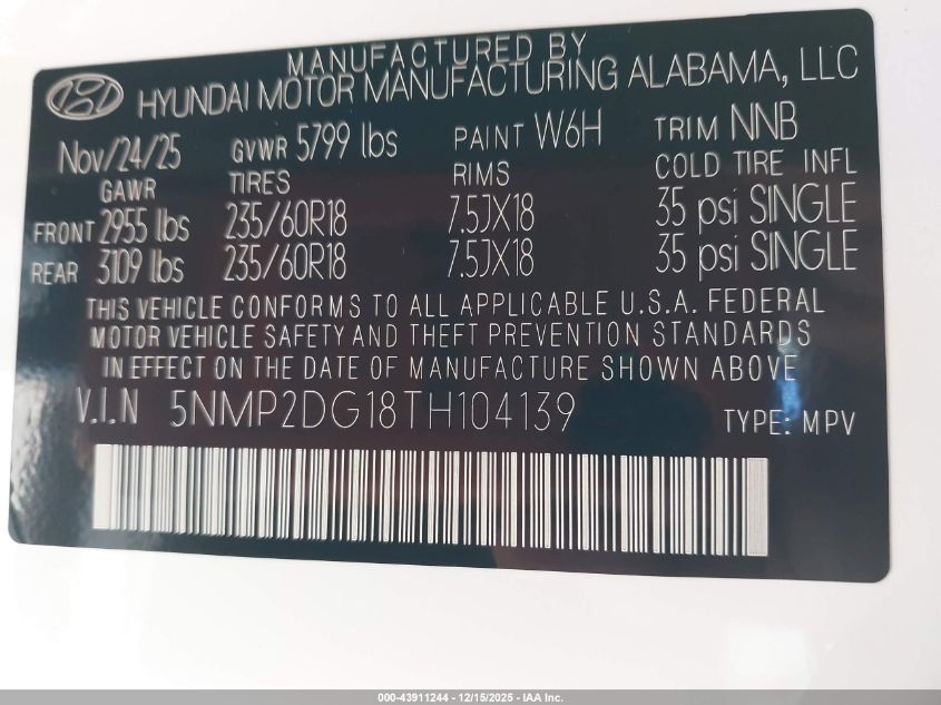 2026 Hyundai Santa Fe Hybrid Sel VIN: 5NMP2DG18TH104139 Lot: 43911244