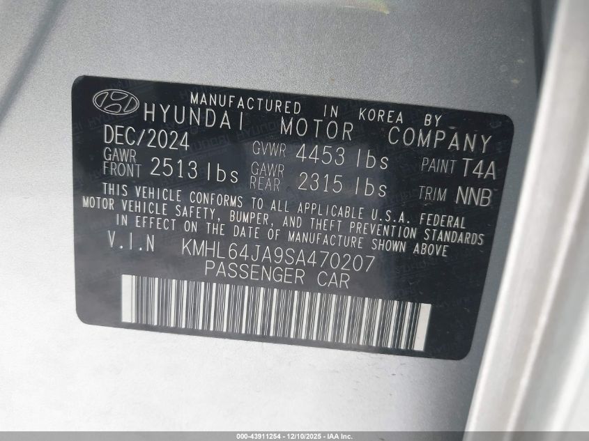 2025 Hyundai Sonata Sel VIN: KMHL64JA9SA470207 Lot: 43911254
