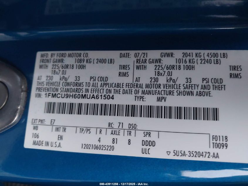 2021 Ford Escape Sel VIN: 1FMCU9H60MUA61504 Lot: 43911256