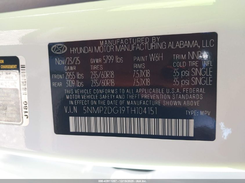 2026 Hyundai Santa Fe Hybrid Sel VIN: 5NMP2DG19TH104151 Lot: 43911257