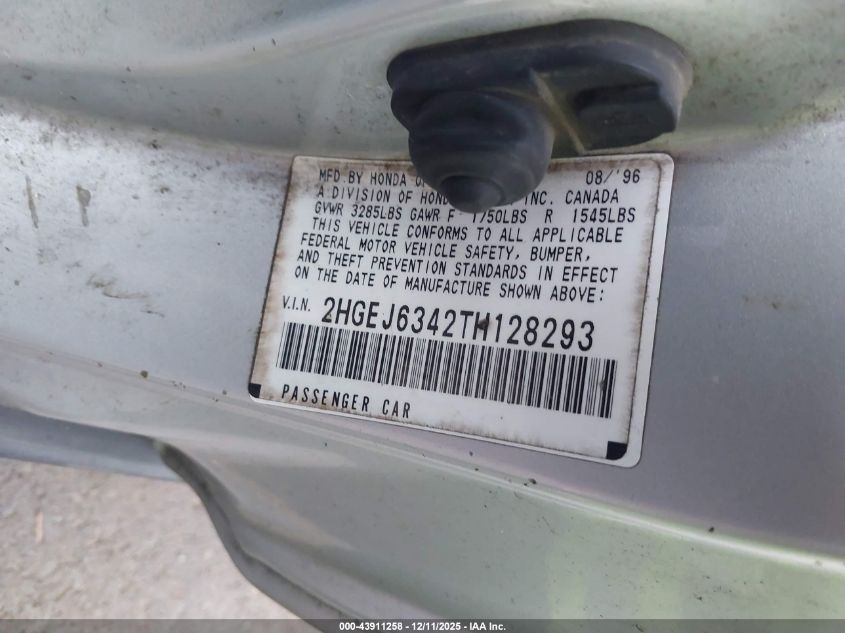 1996 Honda Civic Dx VIN: 2HGEJ6342TH128293 Lot: 43911258