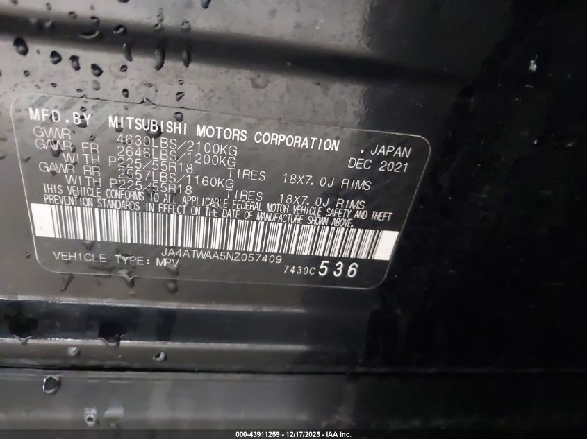 2022 Mitsubishi Eclipse Cross Se/Se Special Edition S-Awc/Sel S-Awc/Sel Special Edition S-Awc VIN: JA4ATWAA5NZ057409 Lot: 43911259