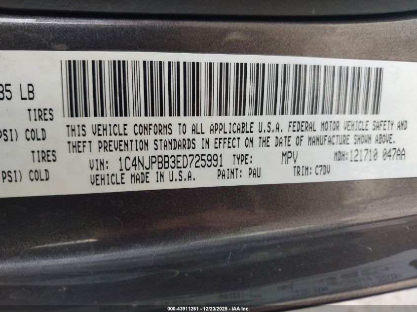 2014 Jeep Patriot Sport VIN: 1C4NJPBB3ED725991 Lot: 43911261