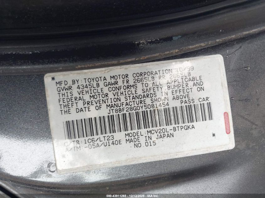 2000 Lexus Es 300 VIN: JT8BF28G0Y5081454 Lot: 43911265