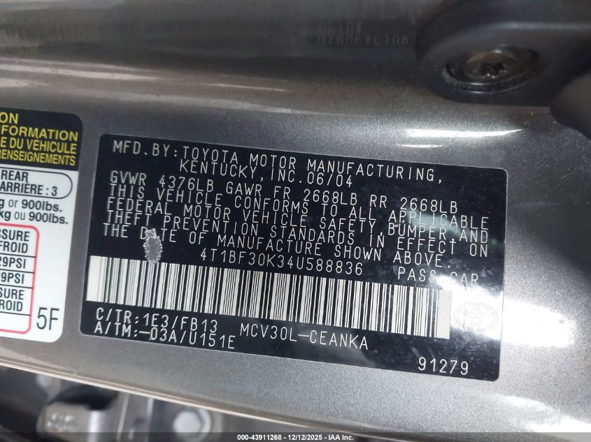 2004 Toyota Camry Le V6 VIN: 4T1BF30K34U588836 Lot: 43911268