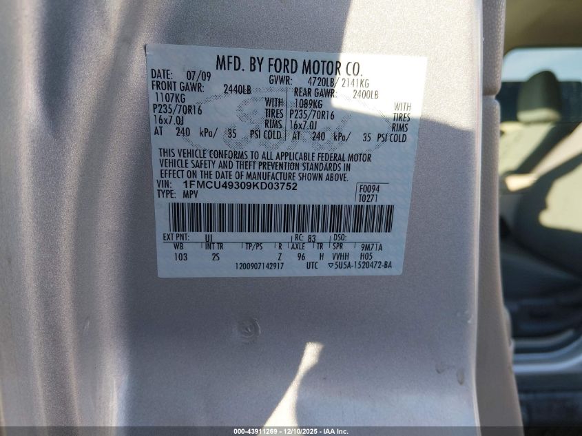 2009 Ford Escape Hybrid Limited VIN: 1FMCU49309KD03752 Lot: 43911269