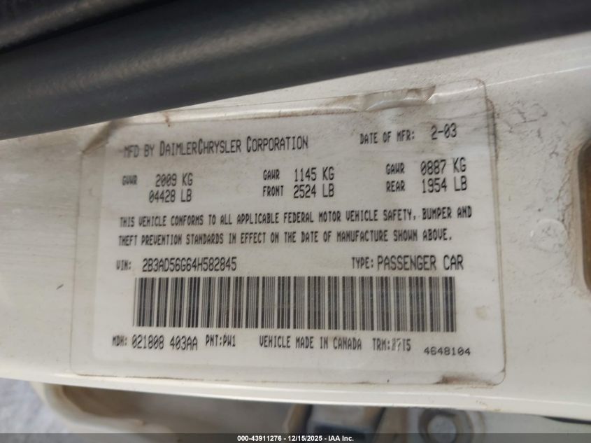2004 Dodge Intrepid Es/Sxt VIN: 2B3AD56G64H582845 Lot: 43911276