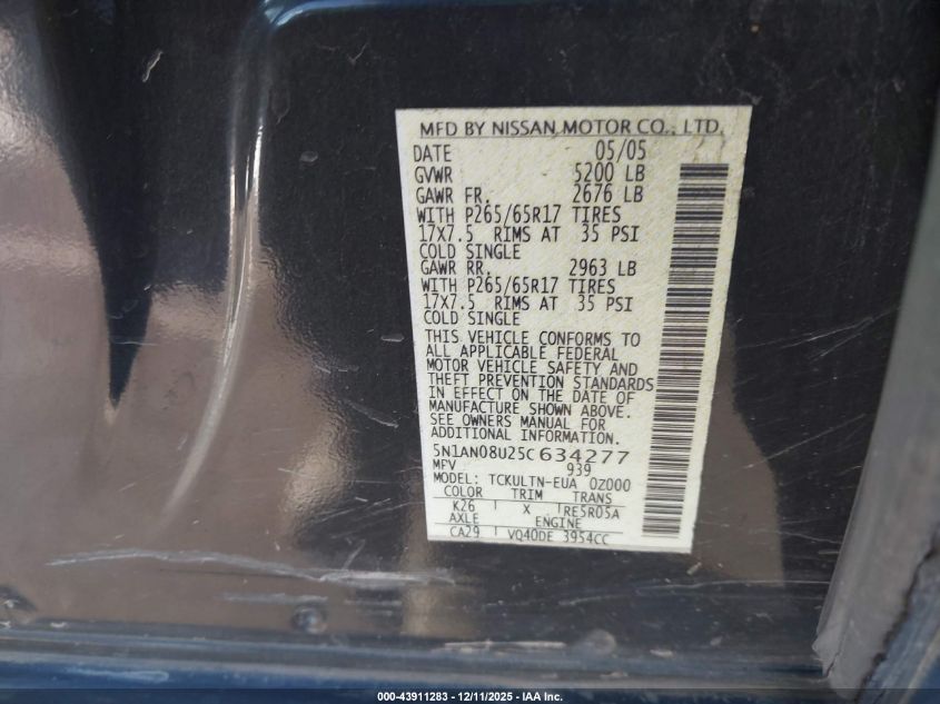 2005 Nissan Xterra Se VIN: 5N1AN08U25C634277 Lot: 43911283