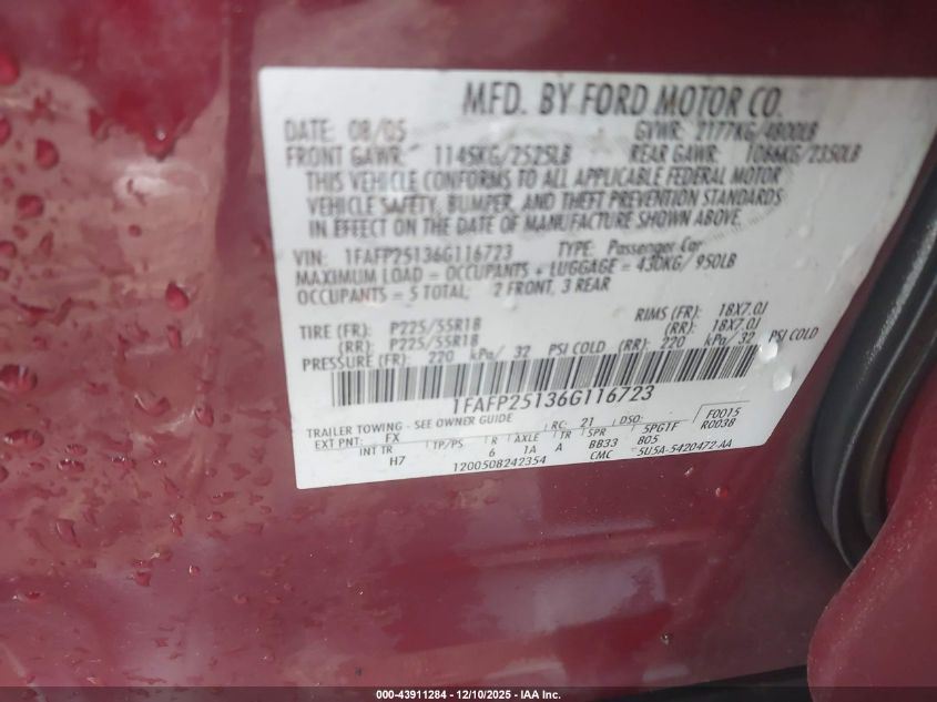 2006 Ford Five Hundred Limited VIN: 1FAFP25136G116723 Lot: 43911284