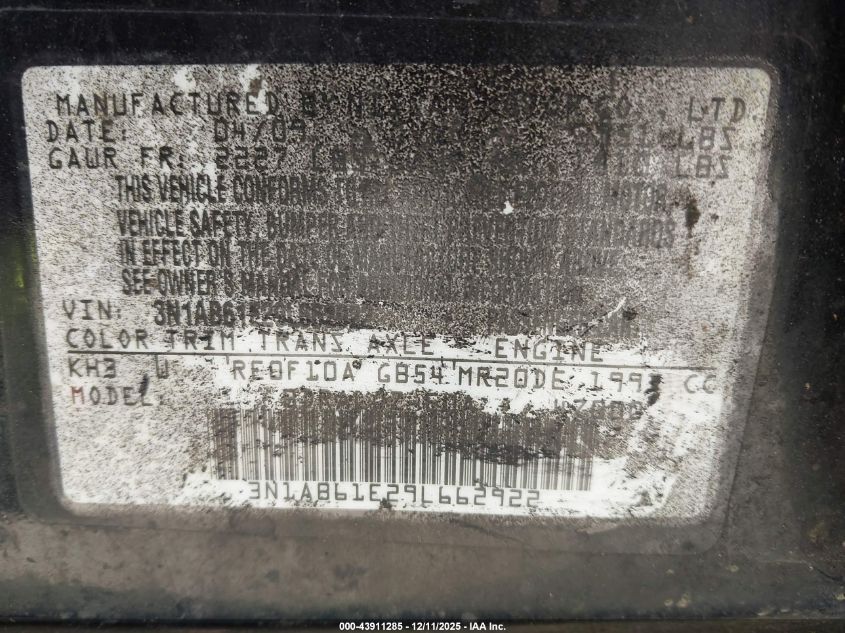 2009 Nissan Sentra 2.0 VIN: 3N1AB61E29L662922 Lot: 43911285