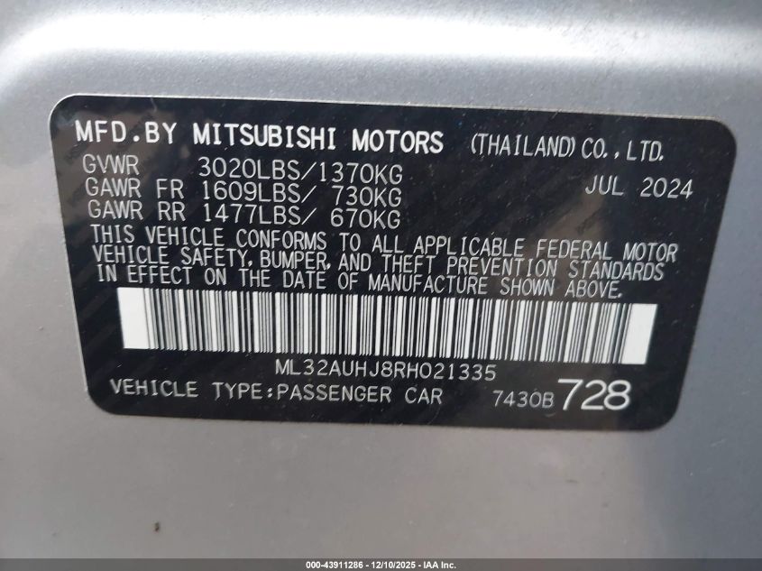 2024 Mitsubishi Mirage Es/Le VIN: ML32AUHJ8RH021335 Lot: 43911286
