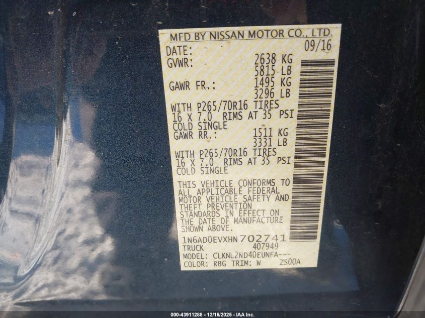 2017 Nissan Frontier Sv VIN: 1N6AD0EVXHN702741 Lot: 43911288