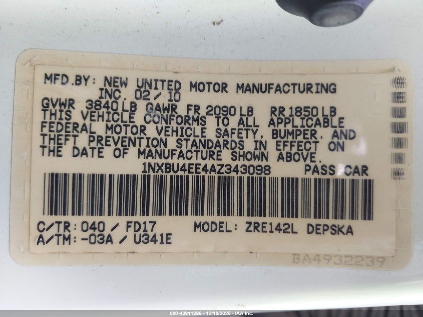 2010 Toyota Corolla S VIN: 1NXBU4EE4AZ343098 Lot: 43911296