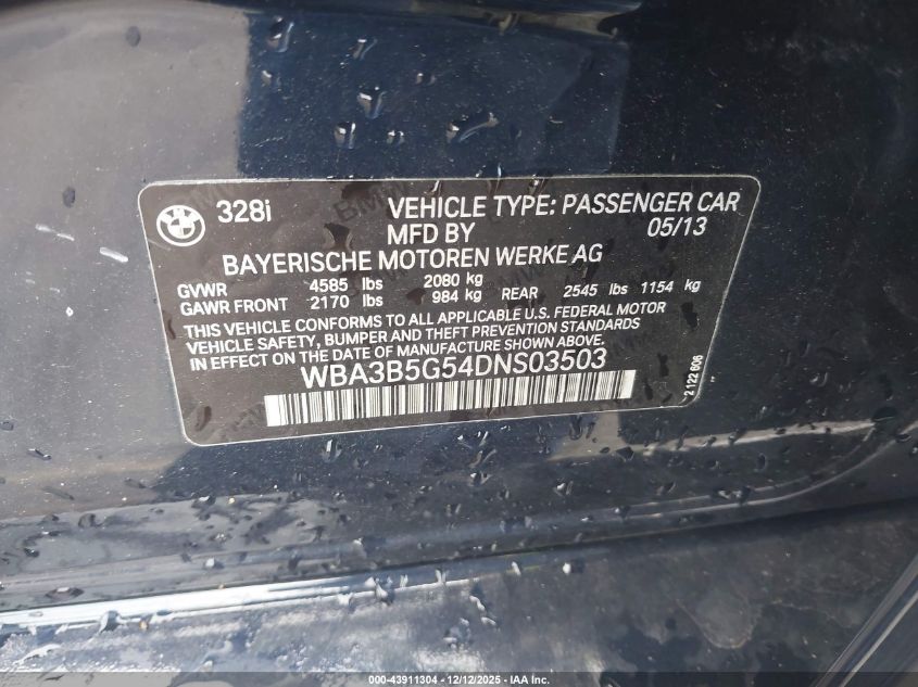 2013 BMW 328I xDrive VIN: WBA3B5G54DNS03503 Lot: 43911304