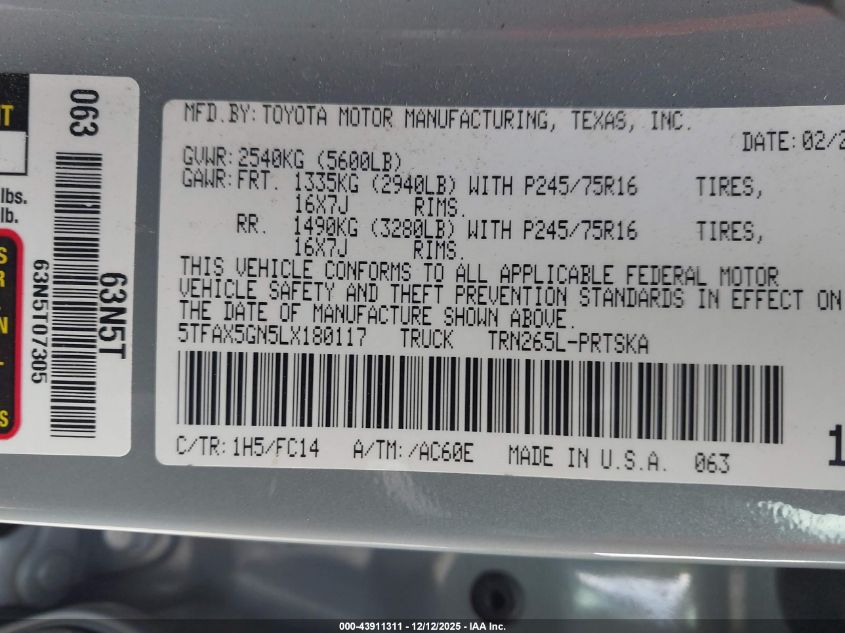 2020 Toyota Tacoma Sr5 VIN: 5TFAX5GN5LX180117 Lot: 43911311