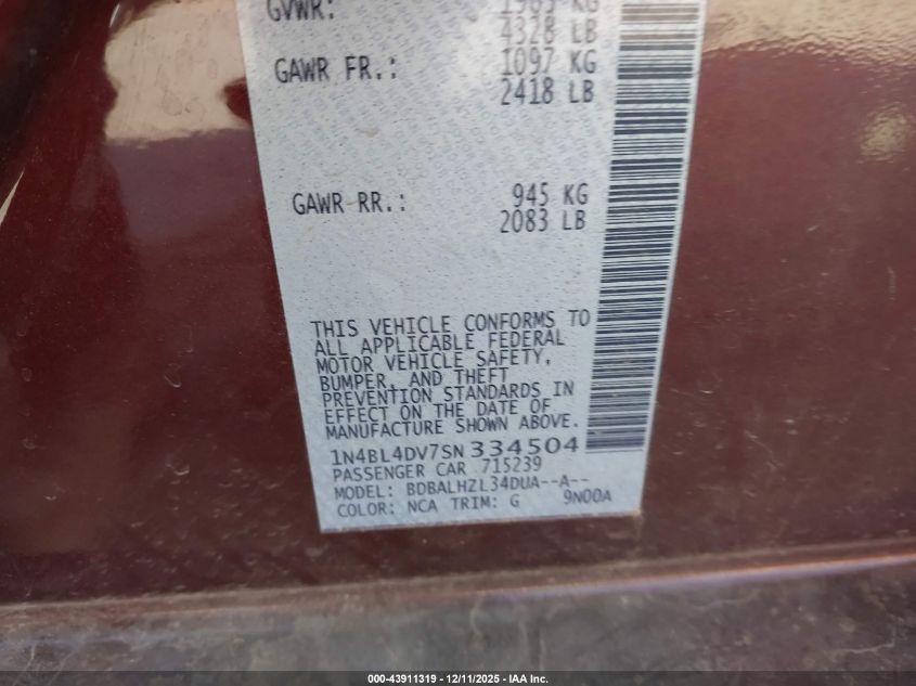 2025 Nissan Altima Sv Fwd VIN: 1N4BL4DV7SN334504 Lot: 43911319