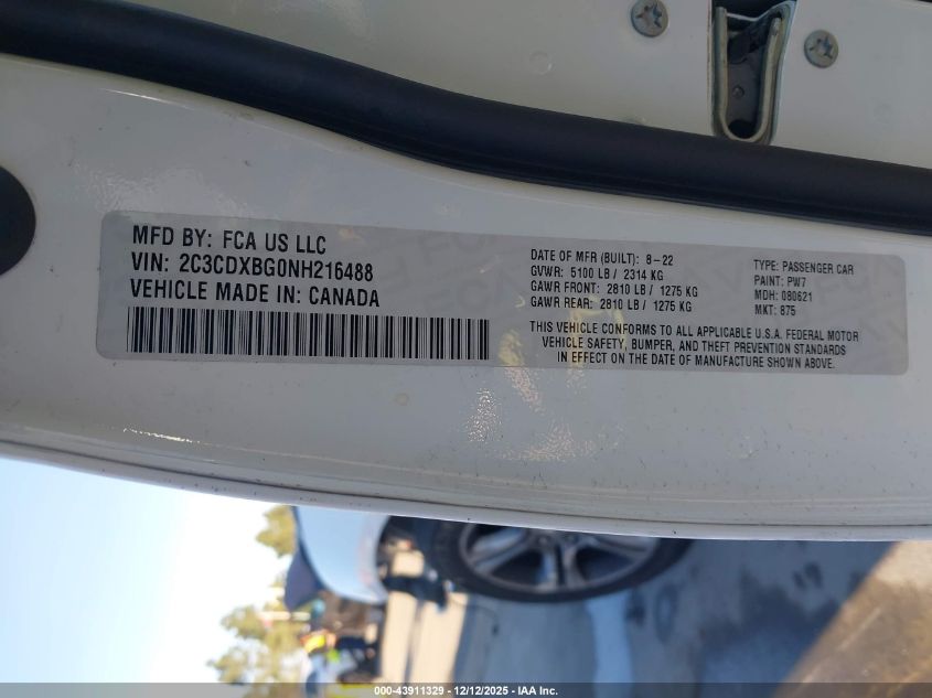 2022 Dodge Charger Sxt Rwd VIN: 2C3CDXBG0NH216488 Lot: 43911329