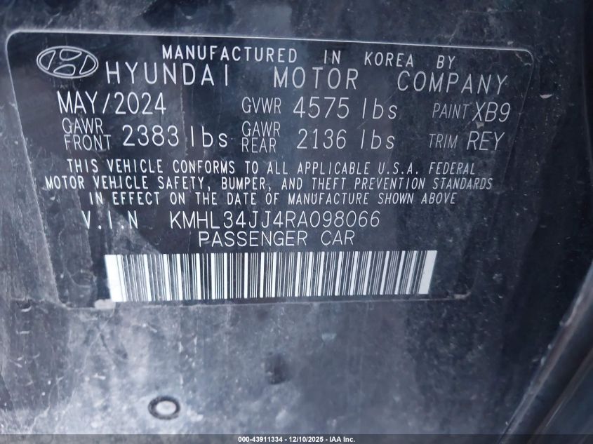 2024 Hyundai Sonata Hybrid Sel VIN: KMHL34JJ4RA098066 Lot: 43911334