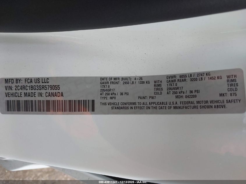 2025 Chrysler Pacifica Select VIN: 2C4RC1BG3SR579055 Lot: 43911341